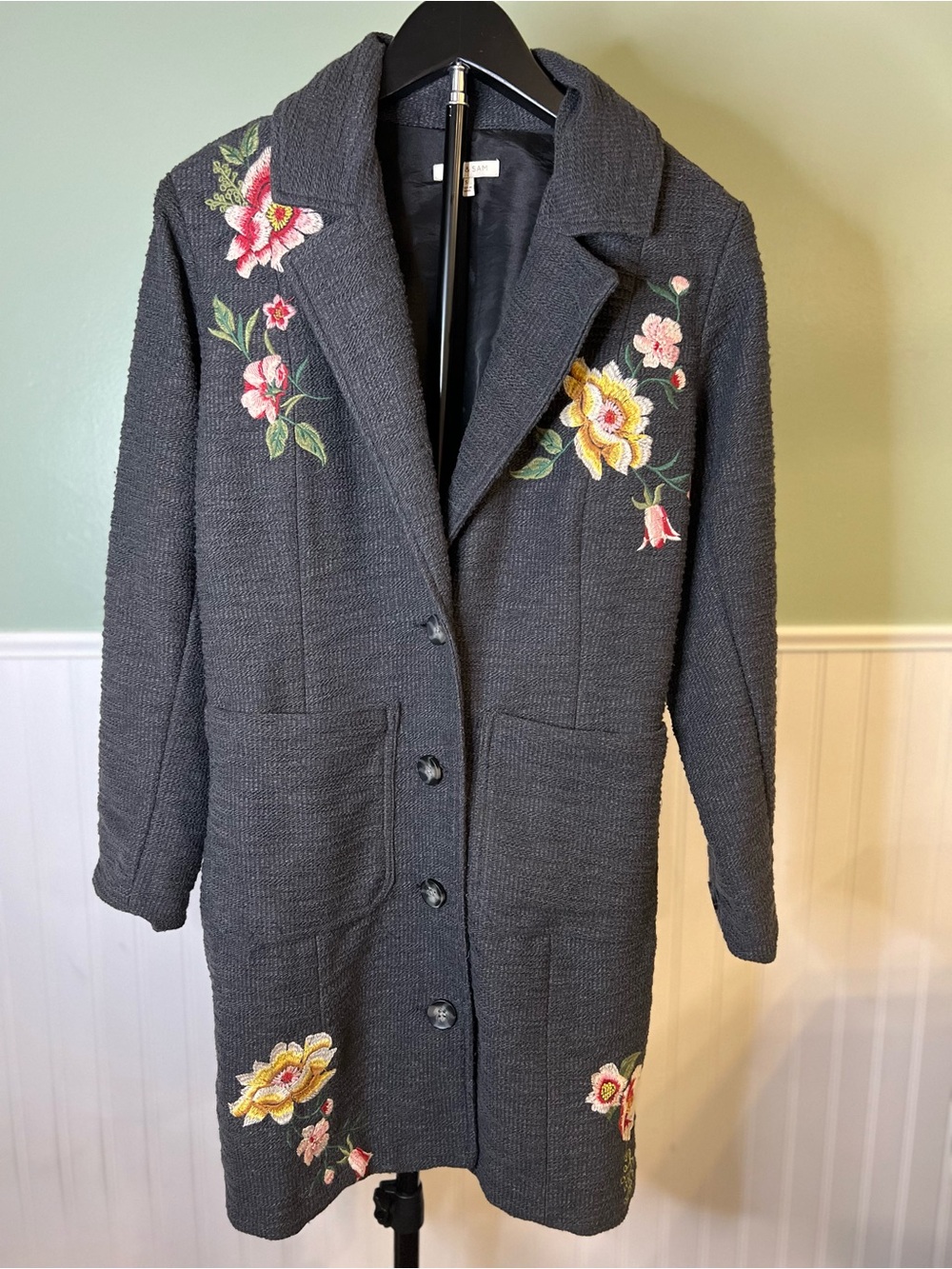 Kate & Sam Floral Embroidered Charcoal Button Trench Coat. Size S
